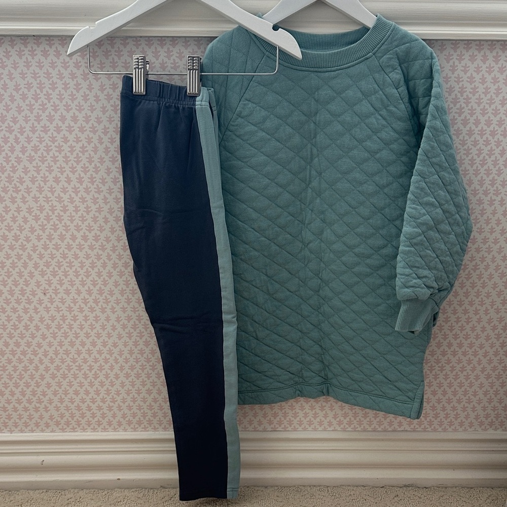 Hanna Andersson Quilted Teal Sweatshirt and Navy Pants Set